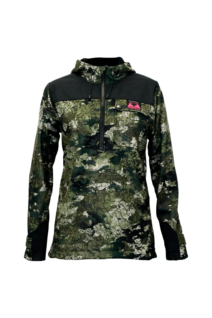 Front image of women’s bush basics G2 coat with zip neck entry. They feature a chest pocket with the double Huntech stags head logo in pink on the pocket flap. Shown in kakariki camo pattern, this product ships from Australia.