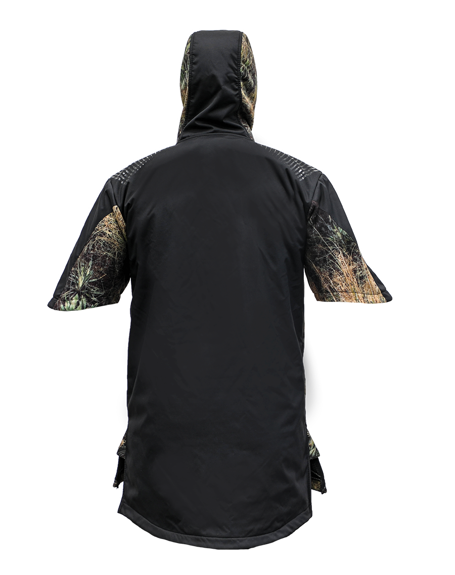 Back view of a Huntech branded butcher coat in a hard-wearing, 330 gsm dual-grid fleece coats with a 500D coated Oxford nylon back overlay and shaped half sleeves that repel light showers.  Shown in kakariki camo pattern, this coat ships from Australia.