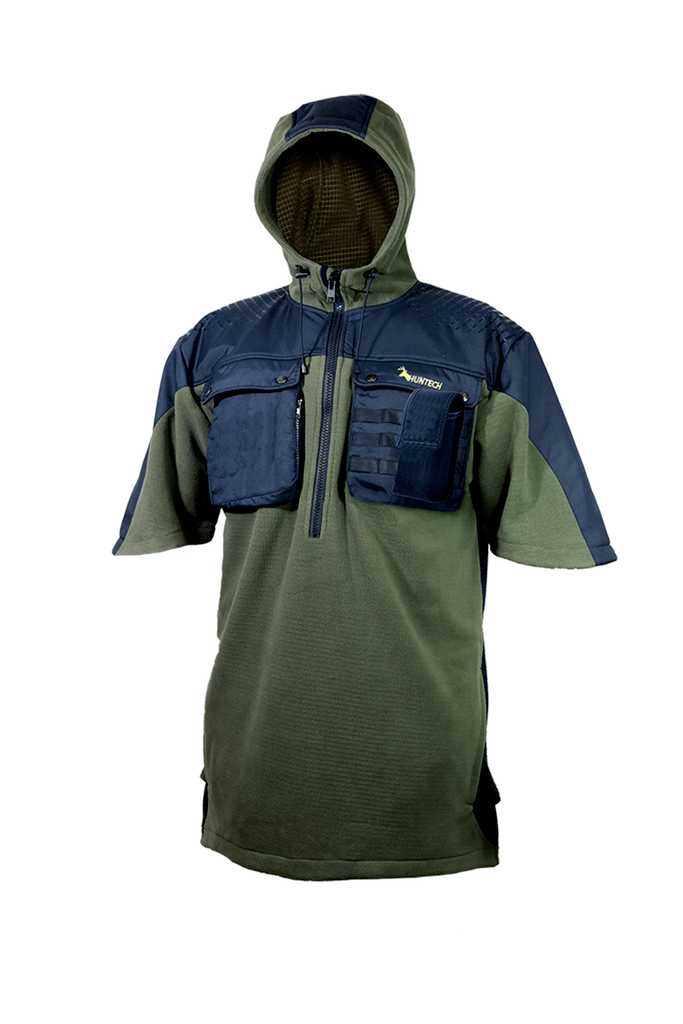 Front view of a Huntech branded butcher coat in a hard-wearing, 330 gsm dual-grid fleece coats with a 500D coated Oxford nylon back overlay and shaped half sleeves that repel light showers. Huntech logo in yellow is on the left breast, with twin chest pockets and a molle GPS pouch that straps to left chest pocket. Shown in military green, this coat ships from Australia.