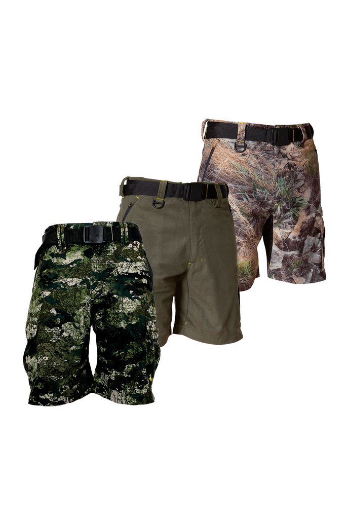 Front view of three pair men’s mid-length, light to mid-weight cargo shorts in a two-way brushed tricot, with a flexible spandex crutch. Features five pockets and a woven belt. Ships from Australia. Shown left to right in kakariki camo pattern, military green, and high-country camo pattern.