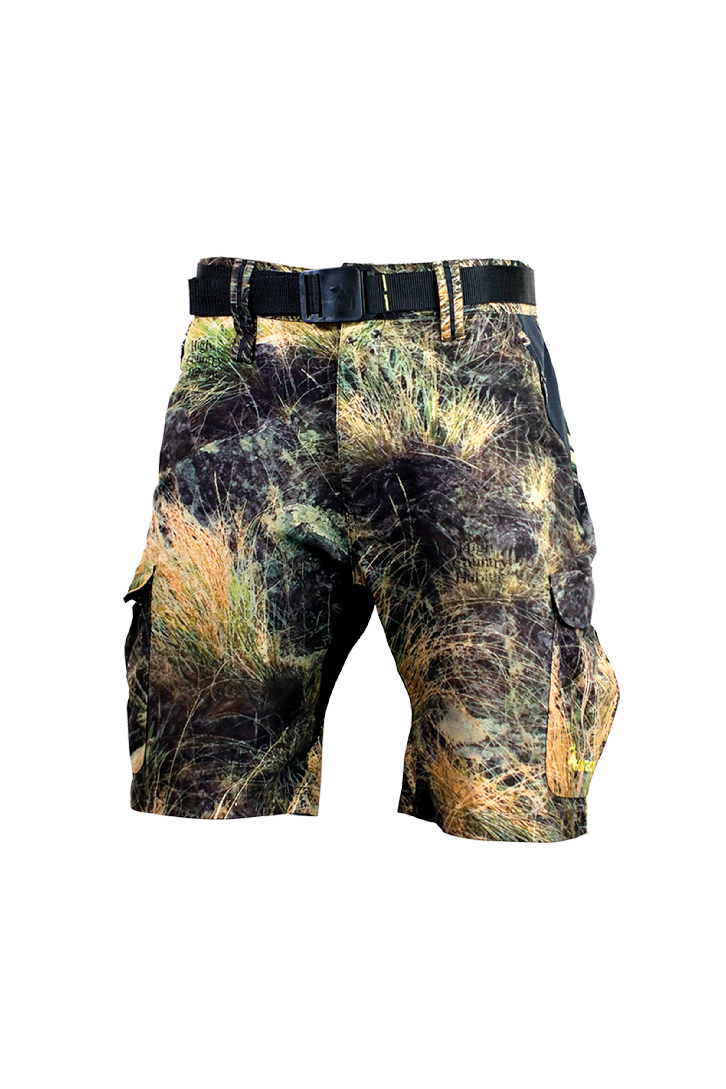 Front view of men’s mid-length, light to mid-weight cargo shorts in a two-way brushed tricot, with a flexible spandex crutch. Features five pockets and a woven belt. Ships from Australia. Shown in high-country camo pattern.