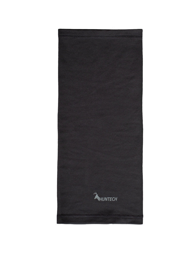 Front view of lightweight merino gaiter  flattened out in black with the Huntech logo at the bottom edge. Ships from Australia.