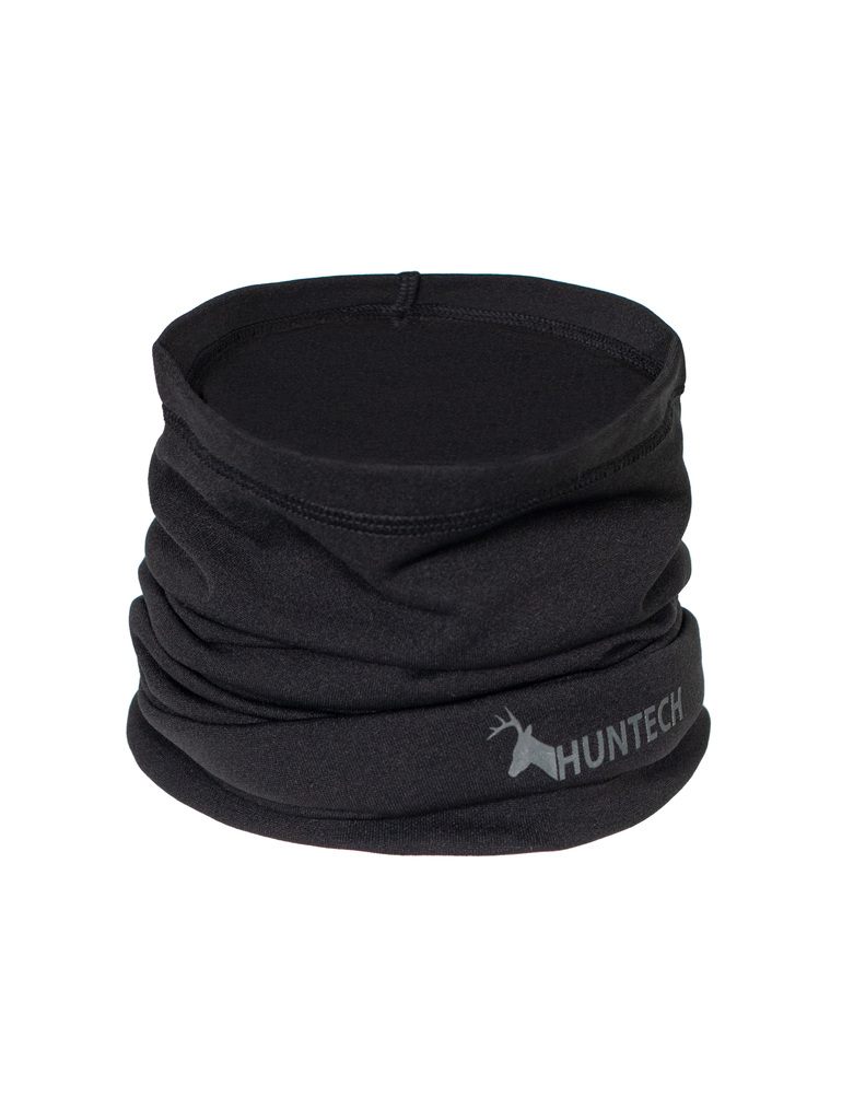 Front view of lightweight scrunched merino gaiter in black with the Huntech logo at the bottom edge. Ships from Australia.