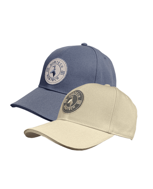 Image of cream and mid blue capts being both colours available of a 6 panel cap that comes with a pre-curved brim and Velcro adjustment strap. One size fits most with a classic Huntech badge front and centre on this acrylic twill cap. Ships from Australia.