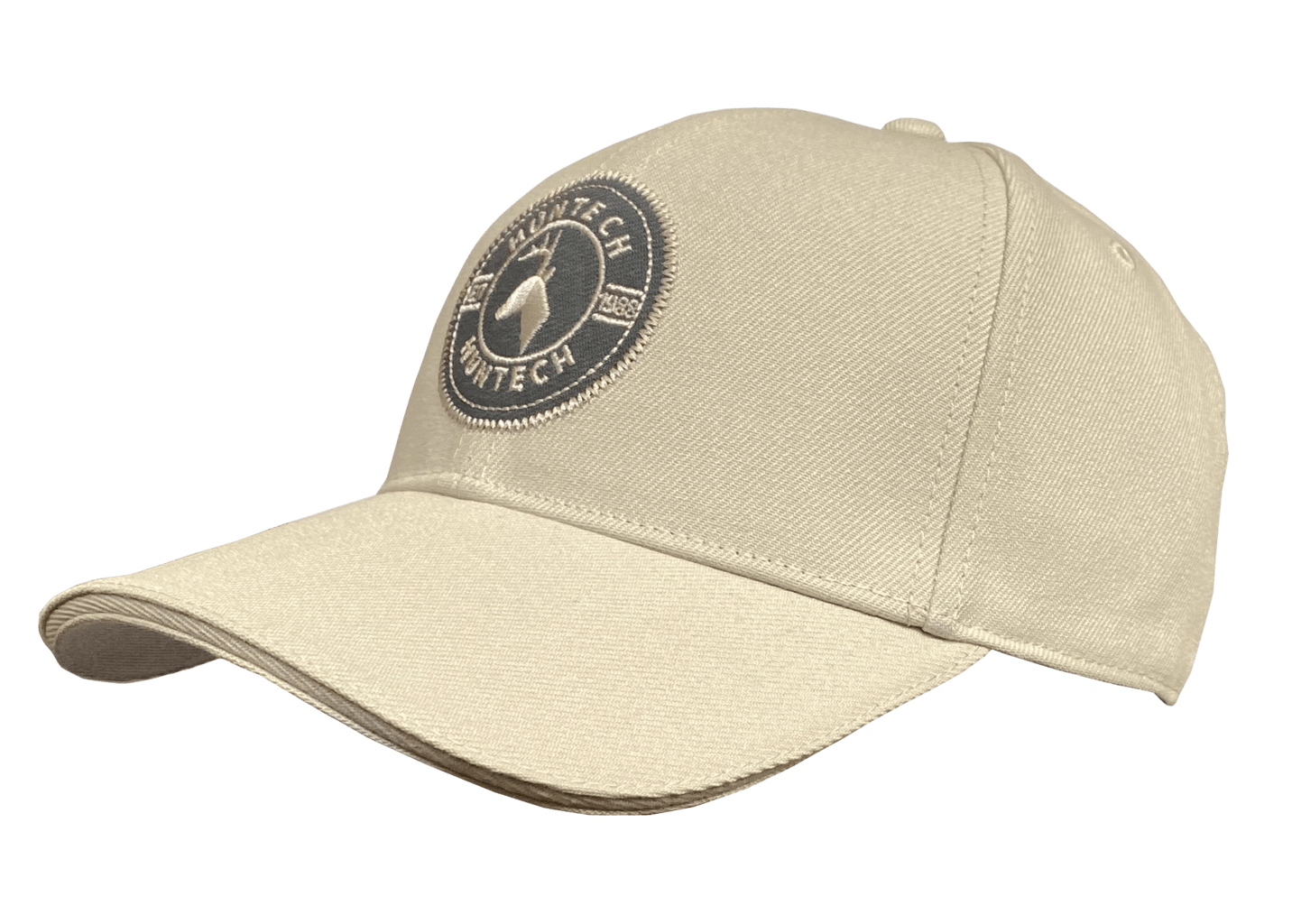 Close up of cream 6 panel cap comes with a pre-curved brim and Velcro adjustment strap. One size fits most with a classic Huntech badge front and centre on this acrylic twill cap. Ships from Australia.
