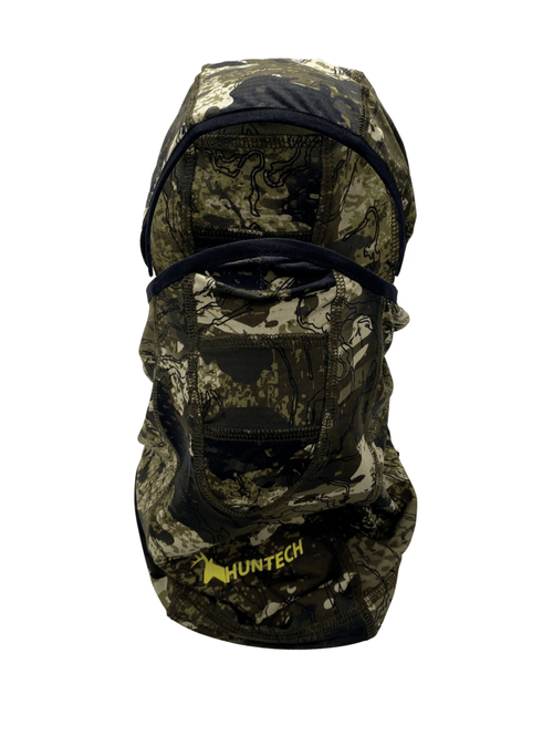Recycled fabric balaclava features mesh mouth regulator, flat locked seams for comfort, and a stretch binding for a snug fit around the face. Protects from the sun with an SPF50 rating and features the Huntech logo in bright yellow at the lower edge on the front. Ships from Australia.
