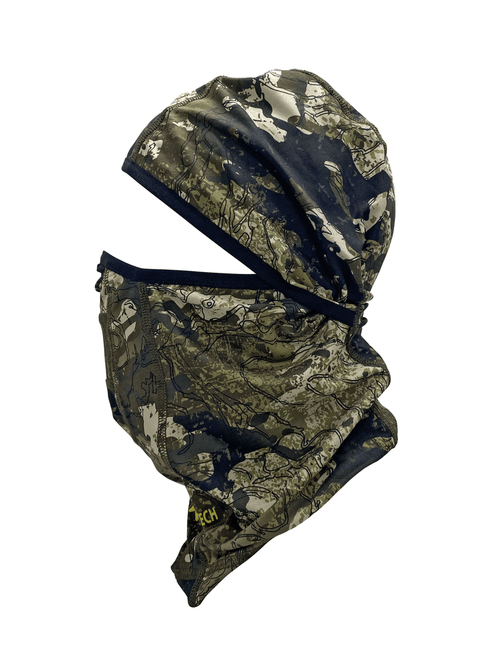 Side view ofecycled fabric balaclava features mesh mouth regulator, flat locked seams for comfort, and a stretch binding for a snug fit around the face. Protects from the sun with an SPF50 rating and features the Huntech logo in bright yellow at the lower edge on the front. Ships from Australia.