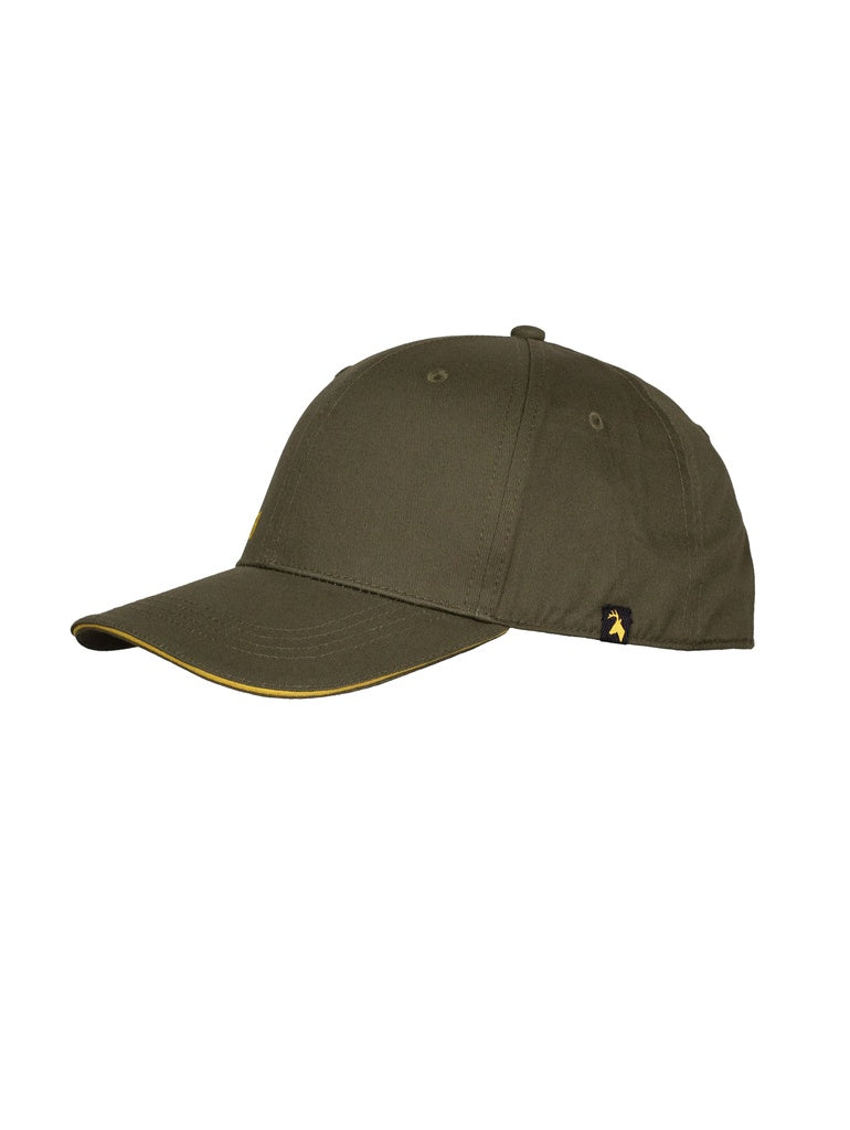 Front three quarter image of the left of six panel contoured cap in breathable fabric and with Huntech yellow piping around edge of brim. Ships from Australia. Shown in military green.
