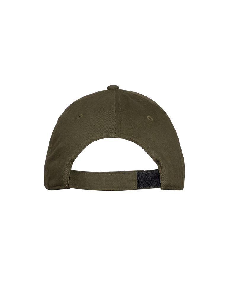 Back image of six panel contoured cap in breathable fabric and showing the adjustable strap. Ships from Australia. Shown in military green.