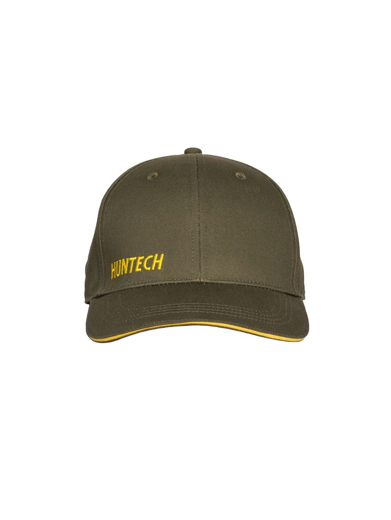 Front image of six panel contoured cap in breathable fabric with adjustable strap. Features Huntech logo on front on the crown in yellow, with matching yellow piping on edge of brim. Ships from Australia. Shown in military green.