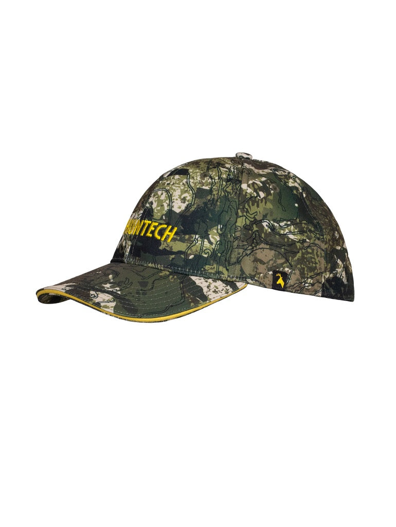 Front three quarter image of the left of six panel contoured cap in breathable fabric and with Huntech yellow logo centre front of crown and piping around edge of brim. Ships from Australia. Shown in karariki camo pattern.