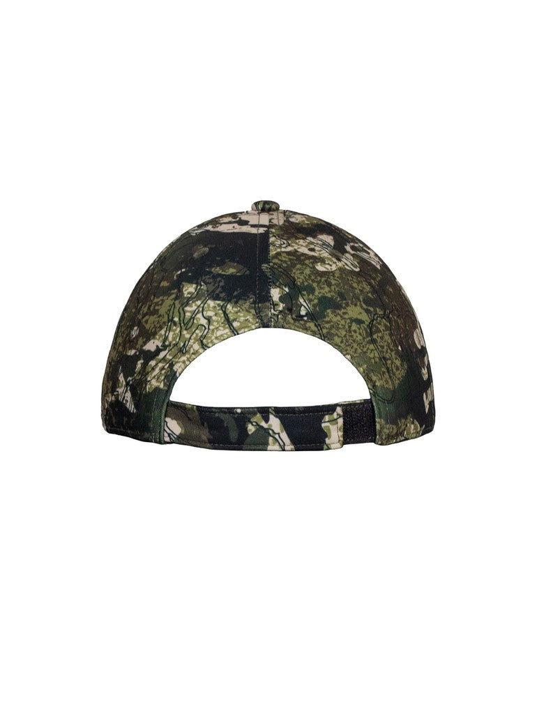 Back image of six panel contoured cap in breathable fabric and showing the adjustable strap. Ships from Australia. Shown in karariki camo pattern.