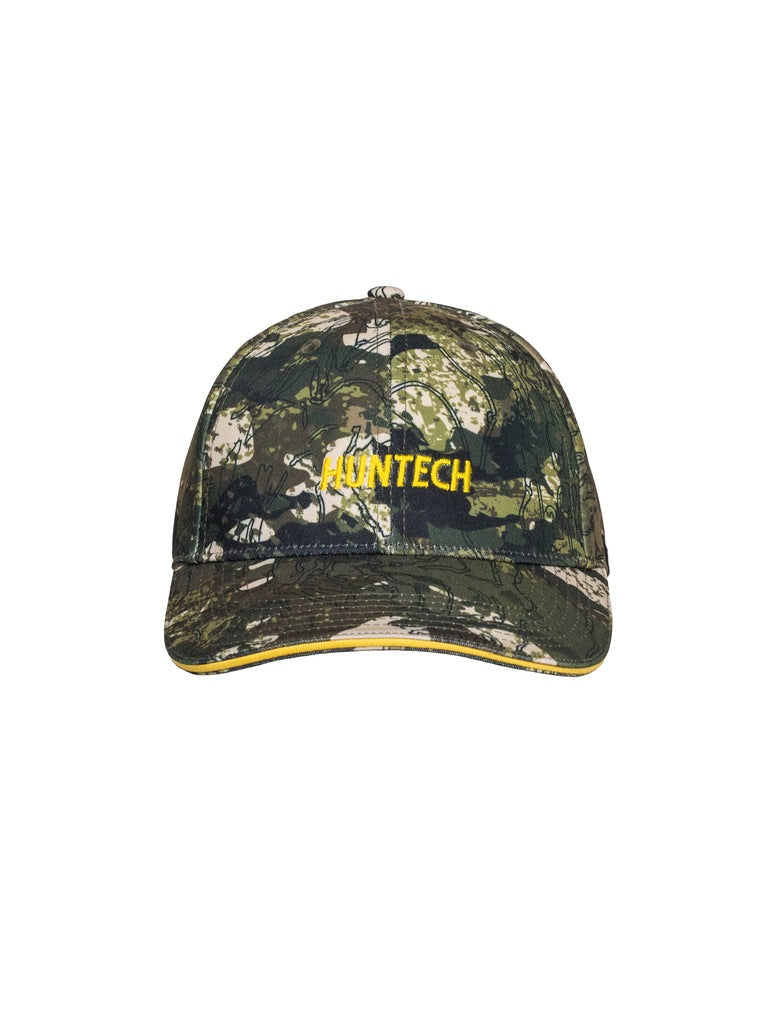 Front image of six panel contoured cap in breathable fabric with adjustable strap. Features Huntech logo centre front on the crown in yellow, with matching yellow piping on edge of brim. Ships from Australia. Shown in karariki camo pattern.