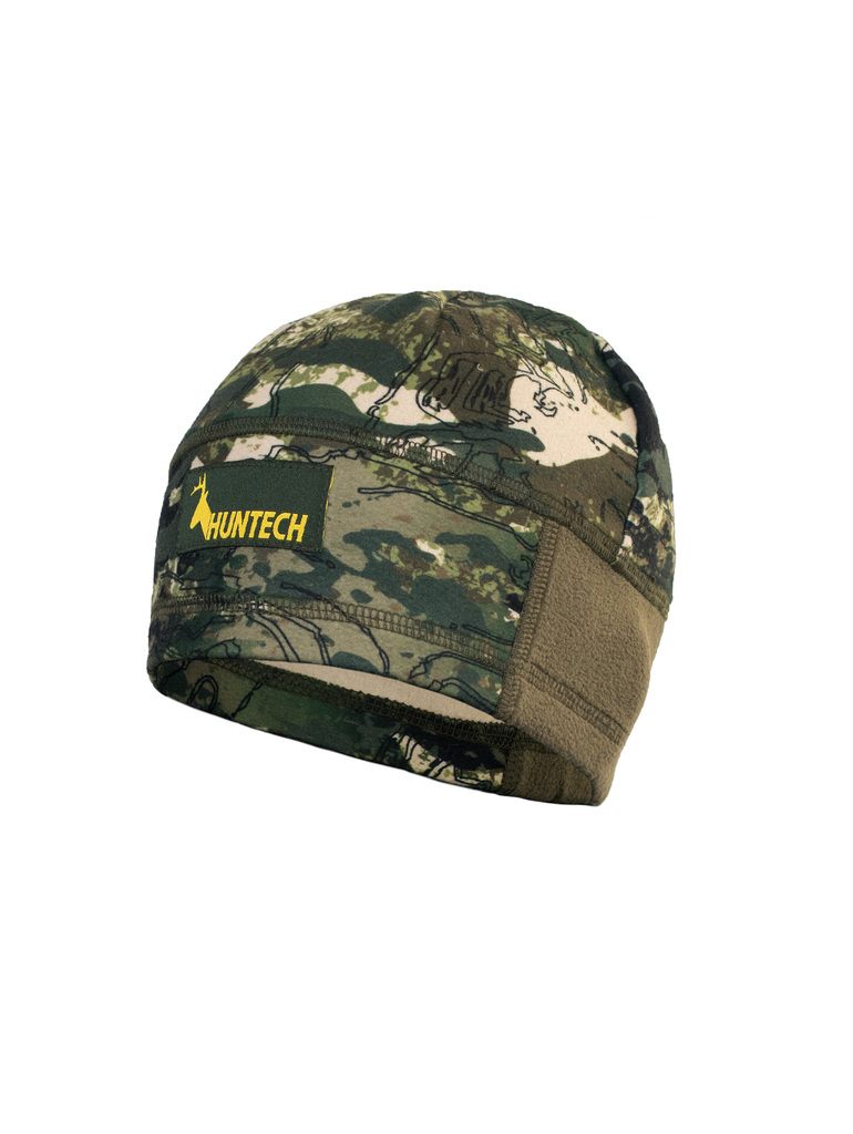 Three quarter view of Men’s bush beanie in 180gsm high grade anti-pill finished fleece in a modern skull fit design, with flatlock reinforced seams for strength and comfort, it features a yellow Huntech logo on the front. Shown in kakariki camo pattern. Ships from Australia.