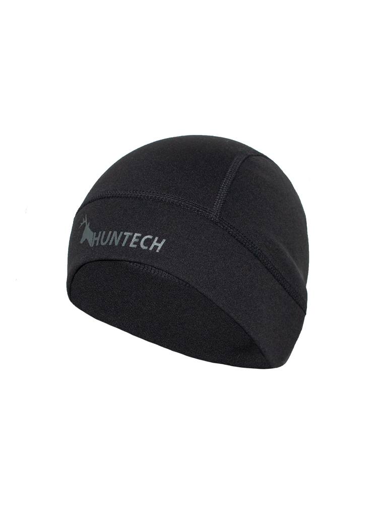 Three quarter front view of beanie designed to sit low over the ears for full coverage. It has a nylon outer for snag resistance and a smooth fleece lining that adds insulation without bulk. Shown here in black is has the Huntech logo on the front edge in a dark grey. Ships from Australia.