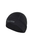 Three quarter front view of beanie designed to sit low over the ears for full coverage. It has a nylon outer for snag resistance and a smooth fleece lining that adds insulation without bulk. Shown here in black is has the Huntech logo on the front edge in a dark grey. Ships from Australia.
