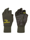 Image shows top and palm views of gloves. Left hand image features the Huntech logo in bright yellow with fingerless thumb and index finger. Right hand image shows grip panels on palm and fingers, towelling snot wiper on thumb panel and view of fingerless thumb and index finger. Shown in military green, this product ships from Australia. 