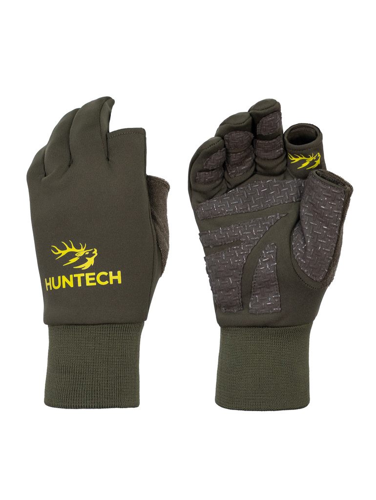 Image shows top and palm views of gloves. Left hand image features the Huntech logo in bright yellow with fingerless thumb and index finger. Right hand image shows grip panels on palm and fingers, towelling snot wiper on thumb panel and view of fingerless thumb and index finger. Shown in military green, this product ships from Australia. 