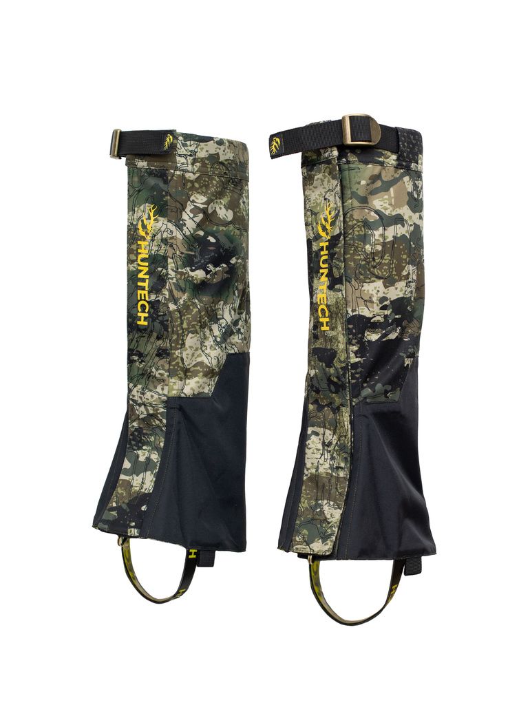 Three quarter front view of leg gaiters with adjustable buckle straps on top edge, robust metal hardware and a hard-wearing coated boot strap.  Shown in kakariki camo pattern with Huntech logo in bright yellow vertically down the shin, this item ships from Australia.
