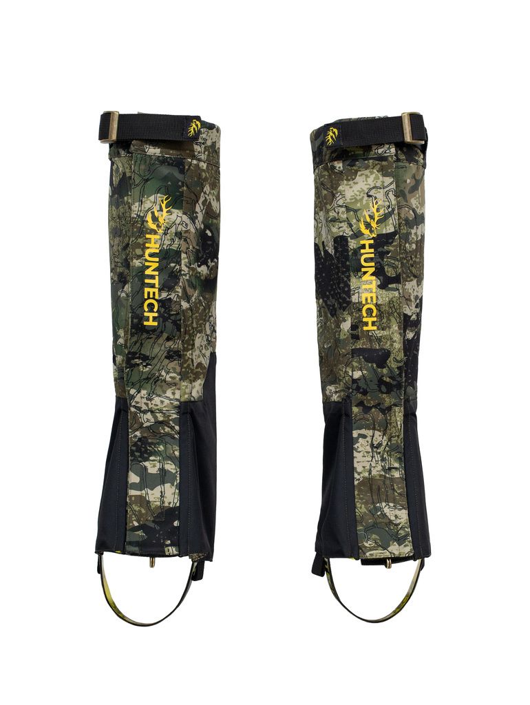 Front view of leg gaiters with adjustable buckle straps on top edge, robust metal hardware and a hard-wearing coated boot strap.  Shown in kakariki camo pattern with Huntech logo in bright yellow vertically down the shin, this item ships from Australia.