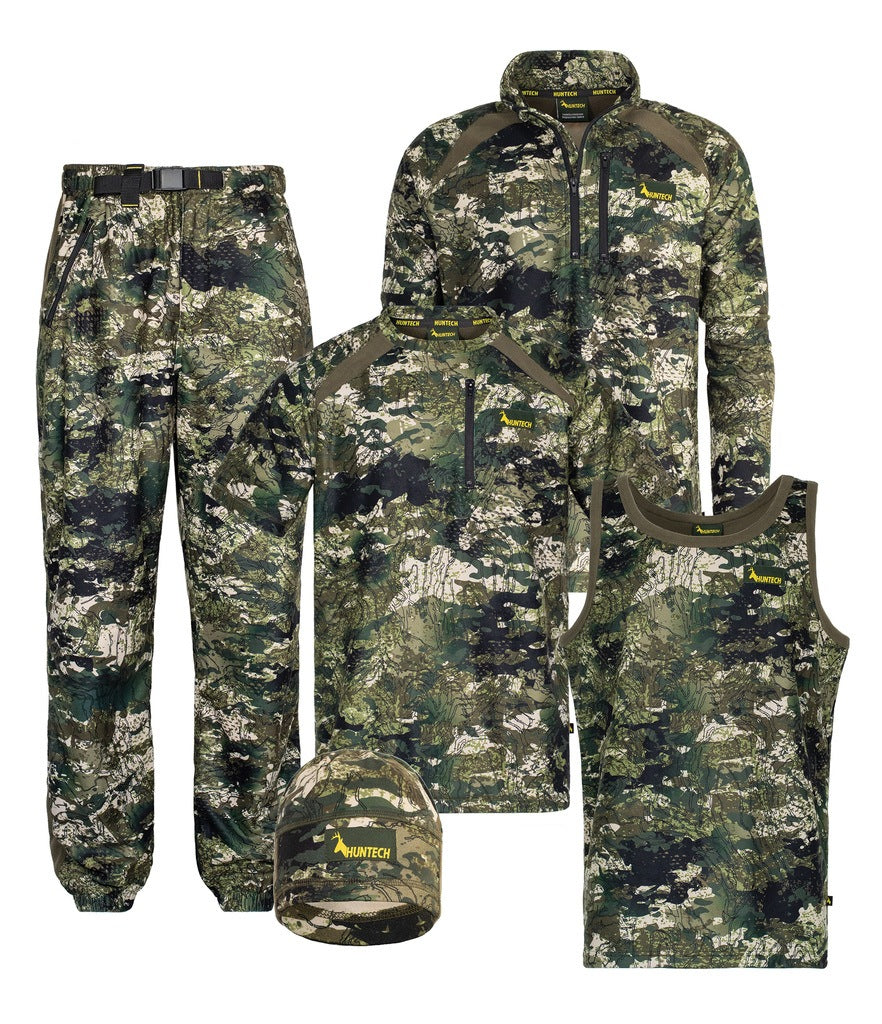 Men’s bush essential fleece pack consisting of a sweatshirt, pant, tee, singlet, and beanie in 180gsm high grade anti-pill finished fleece. Shown in kakariki camo pattern. Ships from Australia.