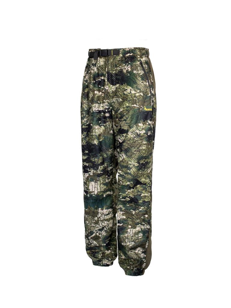 Three quarter view of men’s bush pant in 180gsm high grade anti-pill finished fleece with elasticated waistband and internal belt, twin hip zip pockets and elasticated leg opening for comfort and heat retention. Constructed using flatlock reinforced seams for strength and comfort, they features the Huntech logo on the left hand side just below the pocket. Shown in kakariki camo pattern. Ships from Australia.