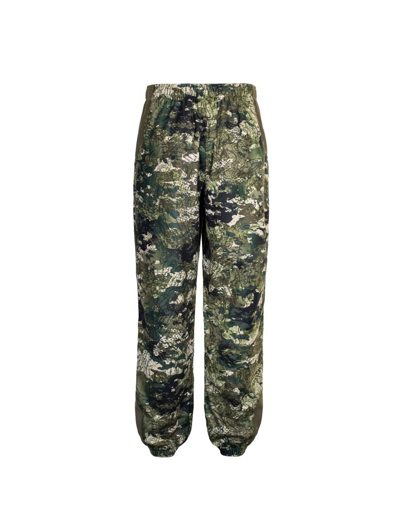Back view of men’s bush pant in 180gsm high grade anti-pill finished fleece with elasticated waistband and internal belt, twin hip zip pockets and elasticated leg opening for comfort and heat retention. Constructed using flatlock reinforced seams for strength and comfort, they features the Huntech logo on the left hand side just below the pocket. Shown in kakariki camo pattern. Ships from Australia.