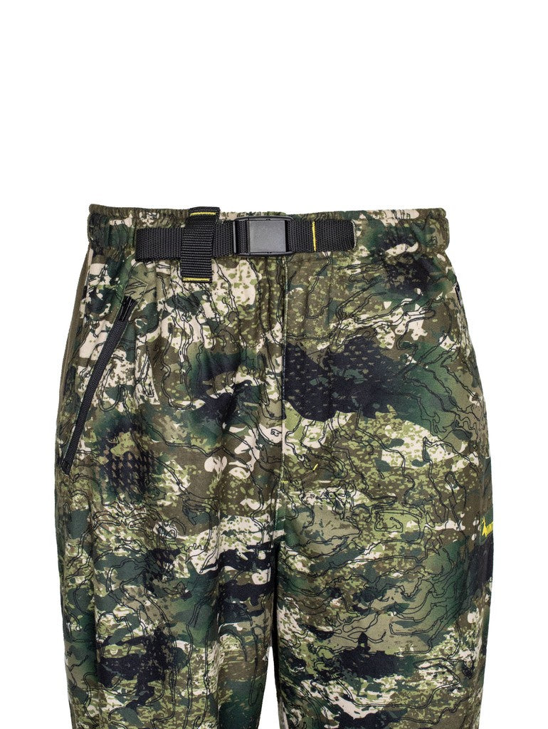 Close up view of men’s bush pant in 180gsm high grade anti-pill finished fleece with elasticated waistband and internal belt, twin hip zip pockets and elasticated leg opening for comfort and heat retention. Constructed using flatlock reinforced seams for strength and comfort, they are shown in kakariki camo pattern. Ships from Australia.