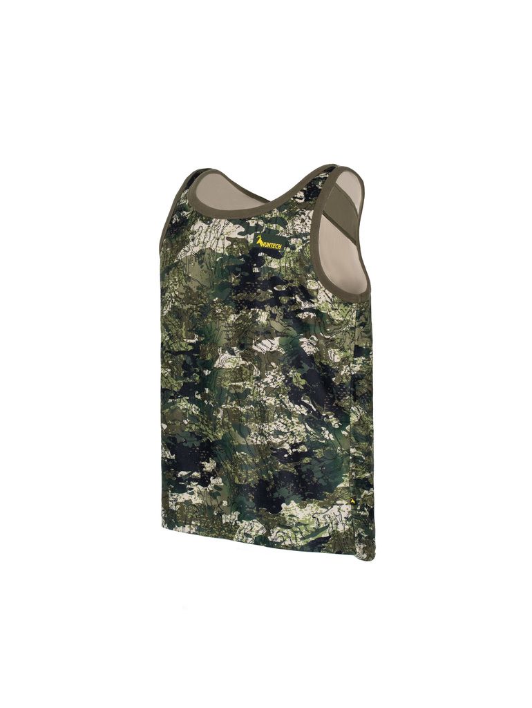 Three quarter view of Men’s bush singlet in 180gsm high grade anti-pill finished fleece with low cut crew neckline, athletic cut for ease of movement, scooped back hemline for warmth, and constructed using flatlock reinforced seams for strength and comfort, it features a yellow Huntech logo on the left breast. Shown in kakariki camo pattern. Ships from Australia.