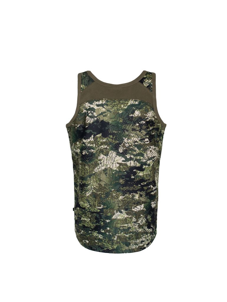 Back view of Men’s bush singlet in 180gsm high grade anti-pill finished fleece with low cut crew neckline, athletic cut for ease of movement, scooped back hemline for warmth, and constructed using flatlock reinforced seams for strength and comfort. Shown in kakariki camo pattern. Ships from Australia.