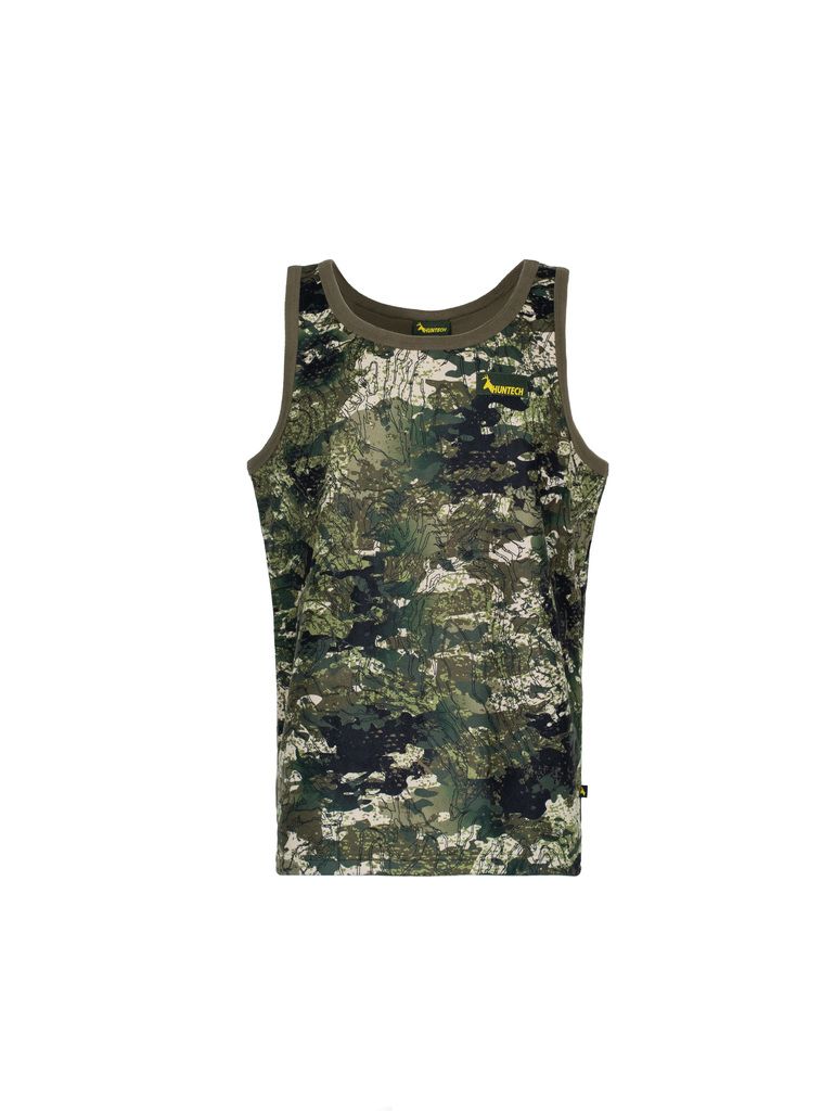 Front view of Men’s bush singlet in 180gsm high grade anti-pill finished fleece with low cut crew neckline, athletic cut for ease of movement, scooped back hemline for warmth, and constructed using flatlock reinforced seams for strength and comfort, it features a yellow Huntech logo on the left breast. Shown in kakariki camo pattern. Ships from Australia.