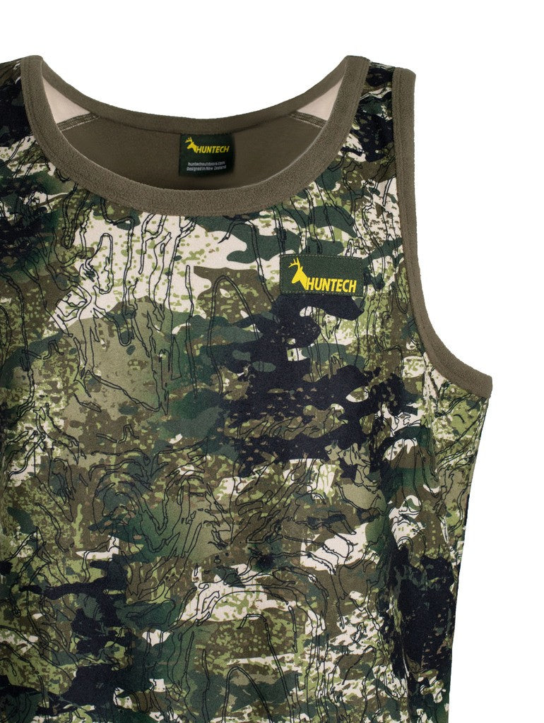 Close up of Three quarter view of Men’s bush singlet in 180gsm high grade anti-pill finished fleece with low cut crew neckline, athletic cut for ease of movement, and constructed using flatlock reinforced seams for strength and comfort, it features a yellow Huntech logo on the left breast. Shown in kakariki camo pattern. Ships from Australia.