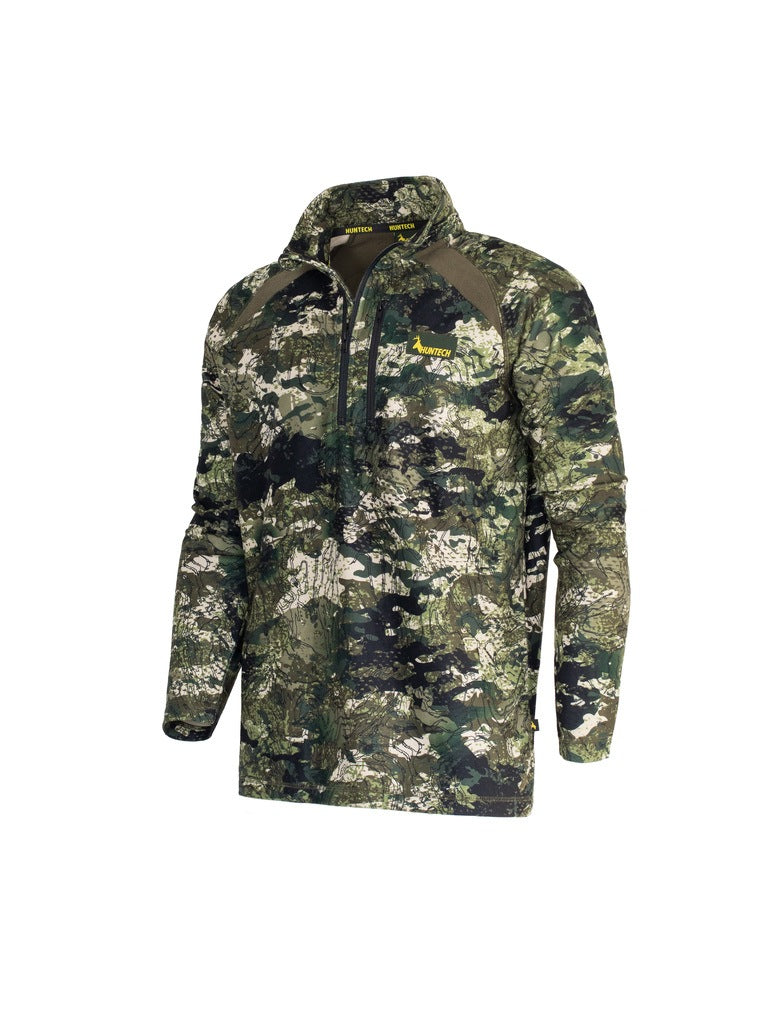 Three quarter view of men’s bush sweatshirt in 180gsm high grade anti-pill finished fleece with turtleneck, half zip entry and protective guard. It is constructed using flatlock reinforced seams for strength and comfort, features the Huntech logo on the breast and a scooped back hemline for warmth. Shown in Kakariki camo pattern. Ships from Australia.