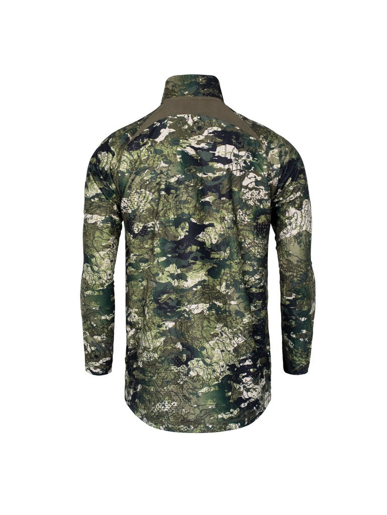 Back view of men’s bush sweatshirt in 180gsm high grade anti-pill finished fleece with turtleneck. It is constructed using flatlock reinforced seams for strength and comfort and features a scooped back hemline for warmth. Shown in Kakariki camo pattern. Ships from Australia.