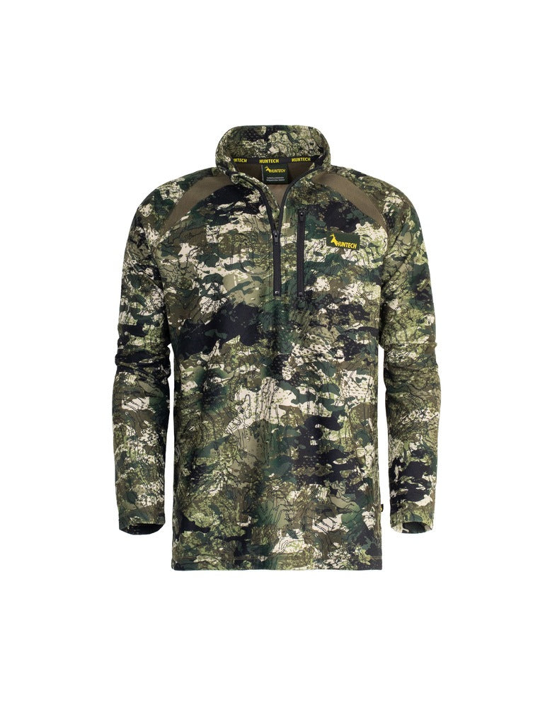 Front view of men’s bush sweatshirt in 180gsm high grade anti-pill finished fleece with turtleneck, half zip entry and protective guard. It is constructed using flatlock reinforced seams for strength and comfort, features the Huntech logo on the breast and a scooped back hemline for warmth. Shown in Kakariki camo pattern. Ships from Australia.