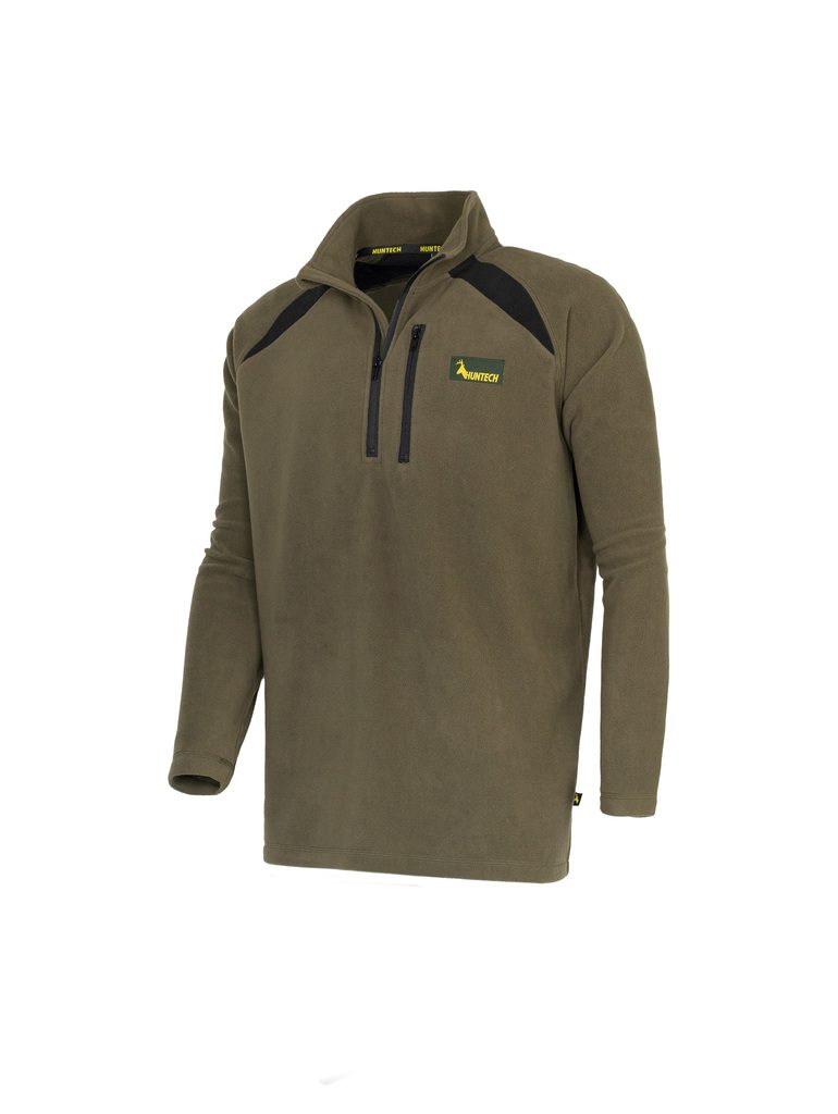 Men’s bush sweatshirt in 180gsm high grade anti-pill finished fleece with turtleneck, half zip entry and protective guard. It is constructed using flatlock reinforced seams for strength and comfort, features the Huntech logo on the breast and a scooped back hemline for warmth. Shown in military green. Ships from Australia.