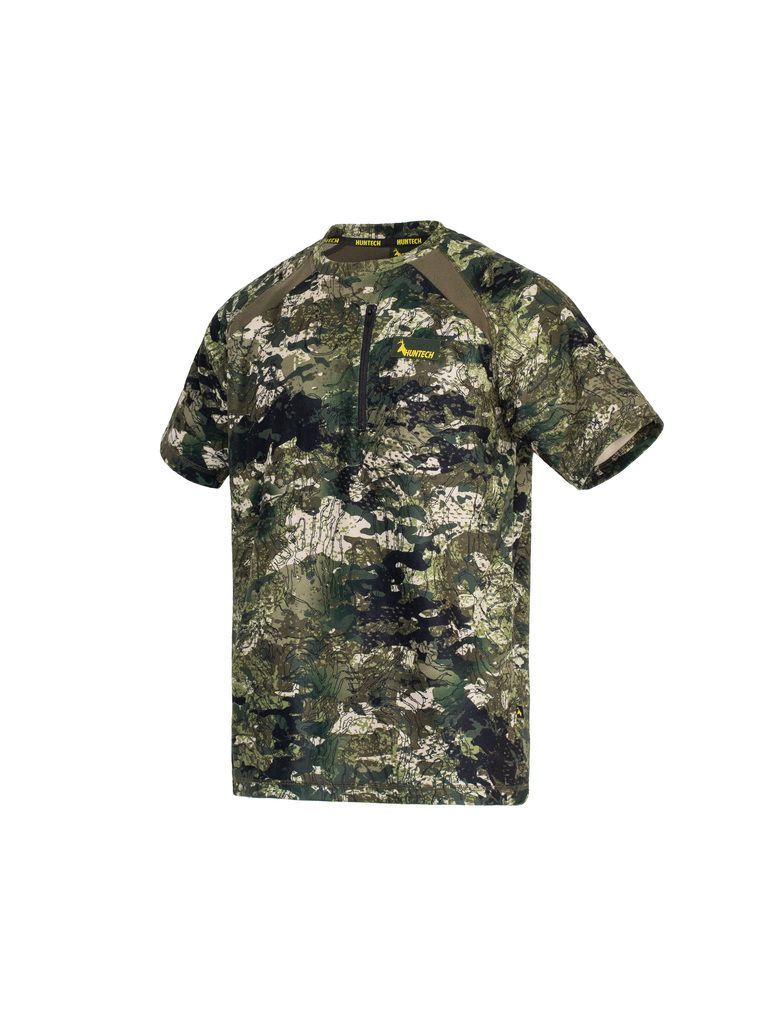 Three quarter image of men’s bush tee in 180gsm high grade anti-pill finished fleece with standard crew neckline, scooped back hemline for warmth, and constructed using flatlock reinforced seams for strength and comfort, it features a zipped pocket and the Huntech logo on the left breast. Shown in kakariki camo pattern. Ships from Australia.