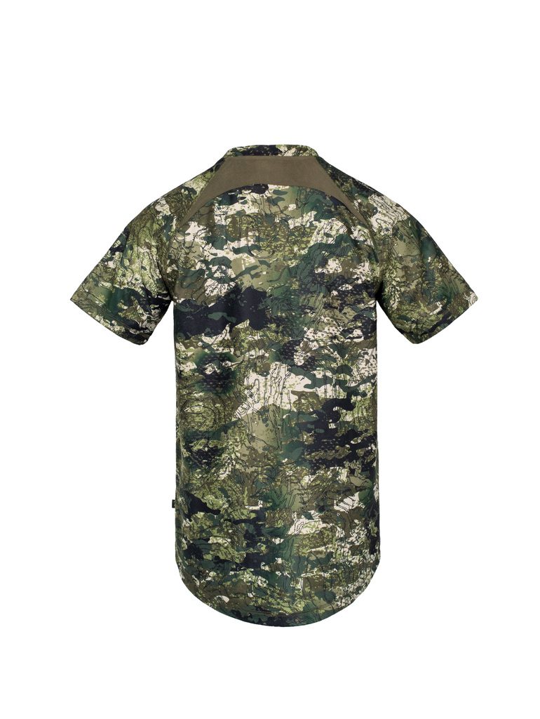 Back view of men’s bush tee in 180gsm high grade anti-pill finished fleece with standard crew neckline, scooped back hemline for warmth, and constructed using flatlock reinforced seams for strength and comfort, it features a zipped pocket and the Huntech logo on the left breast. Shown in kakariki camo pattern. Ships from Australia.