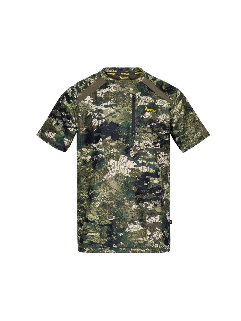 Front view of men’s bush tee in 180gsm high grade anti-pill finished fleece with standard crew neckline, scooped back hemline for warmth, and constructed using flatlock reinforced seams for strength and comfort, it features a zipped pocket and the Huntech logo on the left breast. Shown in kakariki camo pattern. Ships from Australia.