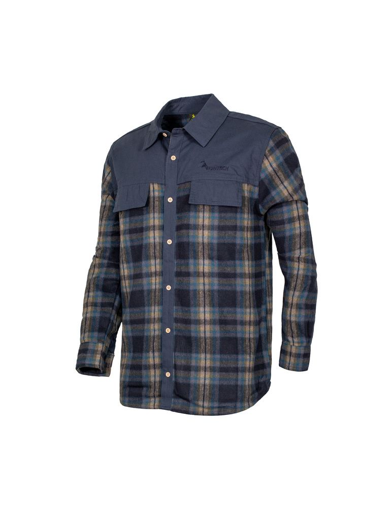 Three quarter view of a tailored, lightweight and breathable men’s button shirt in a soft blue, yellow, pink and black checked jacquard cotton with a brushed finish. Features twin chest pockets with concealed closure and wooden buttons. Front and back yoke, collar, pocket flaps and button placket are in a navy blue. Yoke has Huntech logo embroidered in matching navy cotton above left pocket. Ships from Australia.