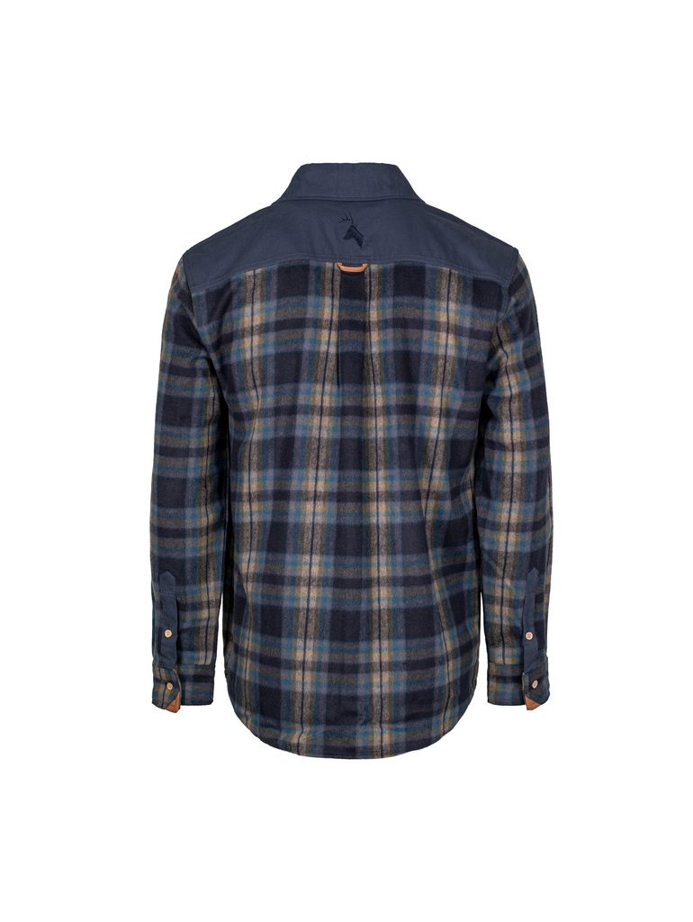 Back view of a tailored, lightweight and breathable men’s shirt in a soft blue, yellow, pink and black checked jacquard cotton with a brushed finish. Yoke and collar are in a navy blue. Huntech stags head is embroidered in matching navy thread in the centre of the yoke. Ships from Australia.