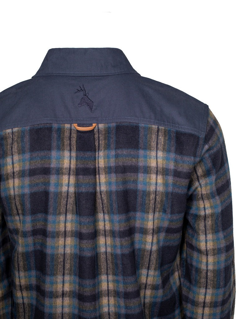 Close up of back view yoke and collar are in a navy blue. Huntech stags head is embroidered in matching navy thread in the centre of the yoke. Ships from Australia.