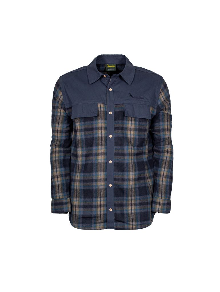 Front view of a tailored, lightweight and breathable men’s button shirt in a soft blue, yellow, pink and black checked jacquard cotton with a brushed finish. Features twin chest pockets with concealed closure and wooden buttons. Front and back yoke, collar, pocket flaps and button placket are in a navy blue. Yoke has Huntech logo embroidered in matching navy cotton above left pocket. Ships from Australia.