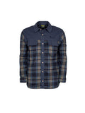 Front view of a tailored, lightweight and breathable men’s button shirt in a soft blue, yellow, pink and black checked jacquard cotton with a brushed finish. Features twin chest pockets with concealed closure and wooden buttons. Front and back yoke, collar, pocket flaps and button placket are in a navy blue. Yoke has Huntech logo embroidered in matching navy cotton above left pocket. Ships from Australia.