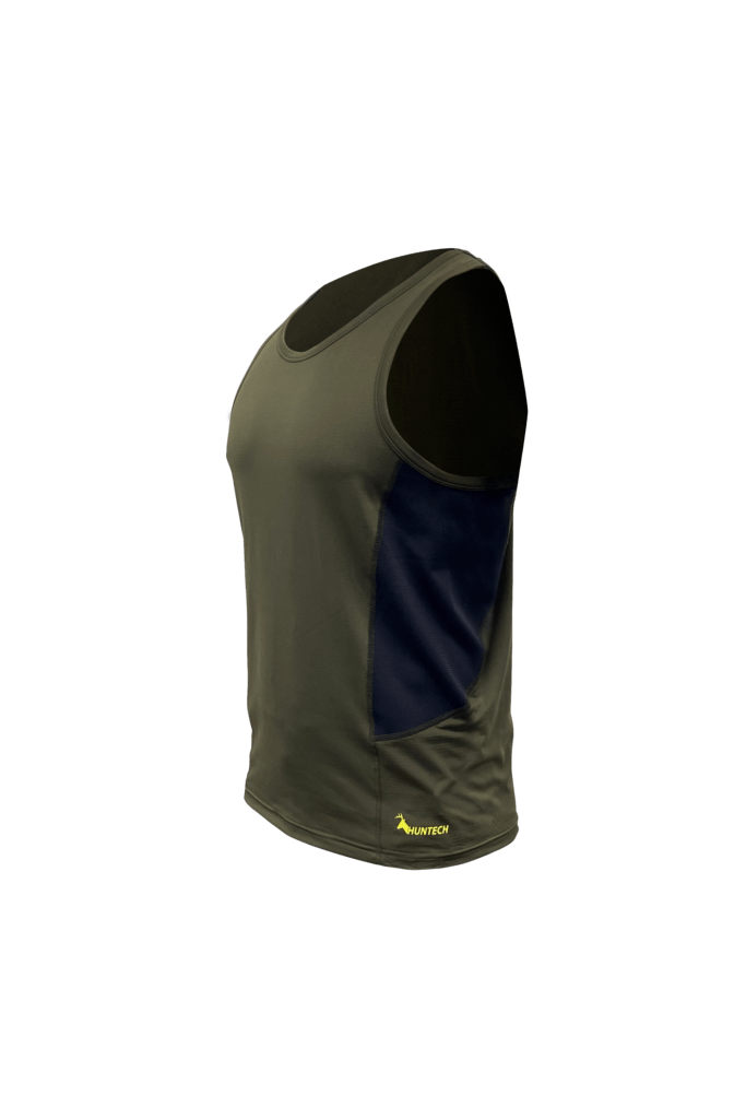 Front three-quarter image of men’s lightweight, moisture-wicking singlet made from recycled plastic waste with scent control. Constructed using a cover stitch and featuring the Huntech logo at front, bottom left hem in yellow. Ships from Australia. Shown in military green | HT7470