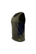 Front three-quarter image of men’s lightweight, moisture-wicking singlet made from recycled plastic waste with scent control. Constructed using a cover stitch and featuring the Huntech logo at front, bottom left hem in yellow. Ships from Australia. Shown in military green | HT7470