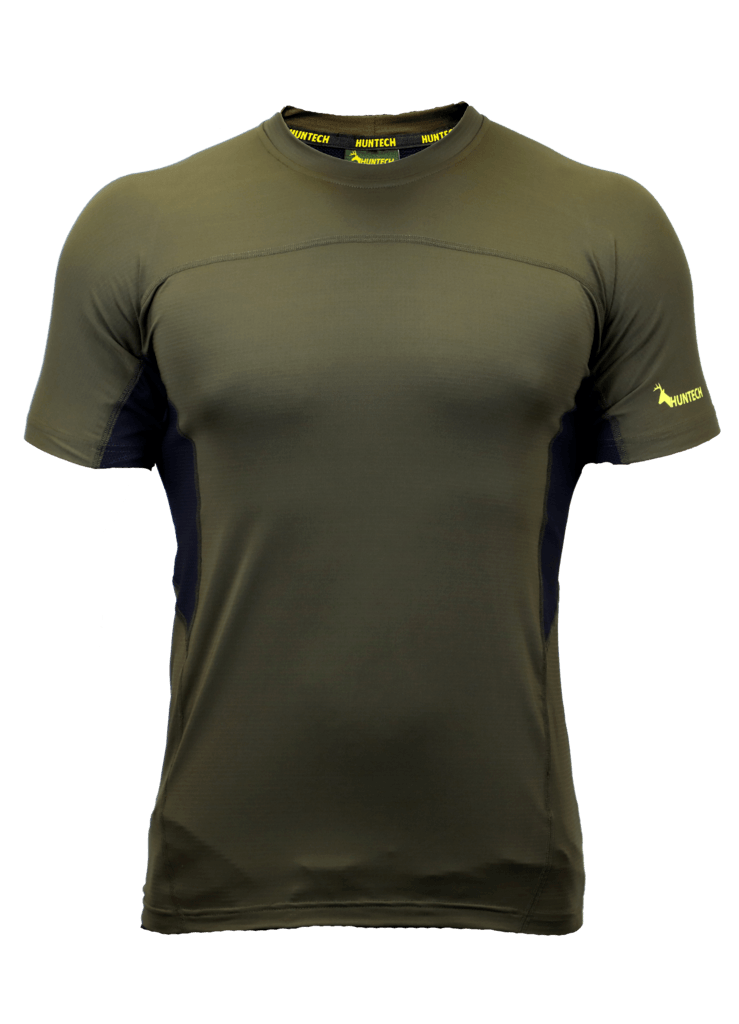 Front image of men’s lightweight, moisture-wicking tee made from recycled plastic waste with scent control and regulation panels. Constructed using a cover stitch and featuring the Huntech logo at hem on left sleeve. Ships from Australia. Shown in military green.