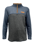Front image of men's long sleeved knit sweater uses spliced jacquard knit design. Made from high-grade fabric and reinforced flatlock seams, it features a 1/4 zip and high collar with mid-brown leather trim on neckline. Left of yoke features Huntech logo embossed into leather panel. Ships from Australia. Shown in two tone denim / charcoal.
