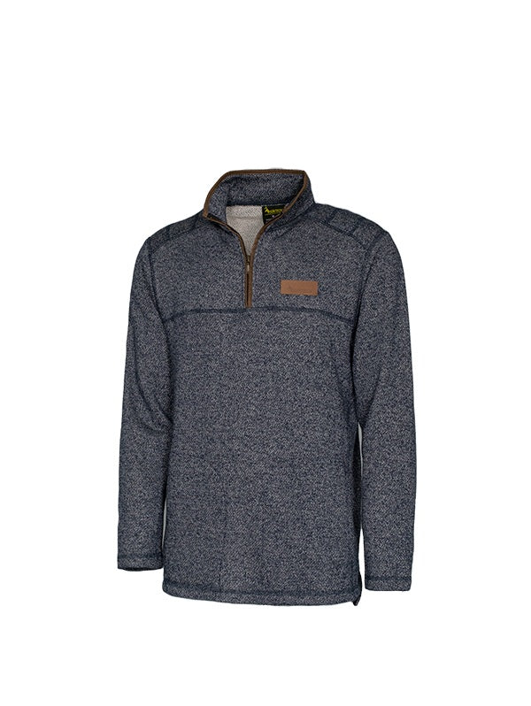 Front three quarter image of men's long sleeved knit sweater uses spliced jacquard knit design. Made from high-grade fabric and reinforced flatlock seams, it features a 1/4 zip and high collar with mid-brown leather trim on neckline. Left of yoke features Huntech logo embossed into leather panel. Ships from Australia. Shown in charcoal.