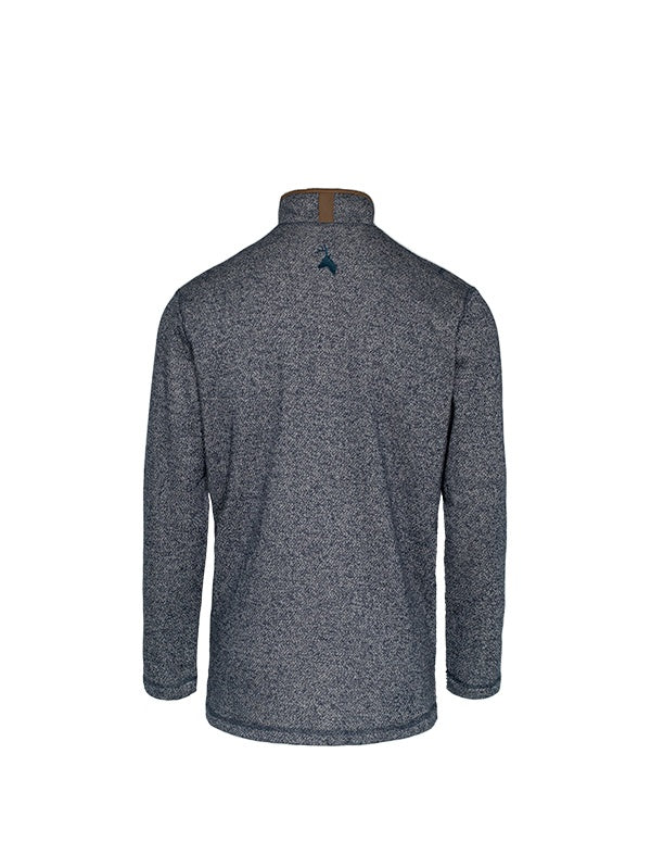 Back image of men's long sleeved knit sweater uses spliced jacquard knit design. Made from high-grade fabric and reinforced flatlock seams, it features the Huntech stags head logo in navy just below the collar. Ships from Australia. Shown in denim.